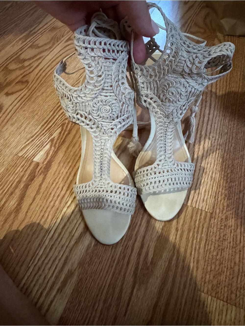 SCHUTZ Crochet Lace Tie-Up Sandal Heels - Cream